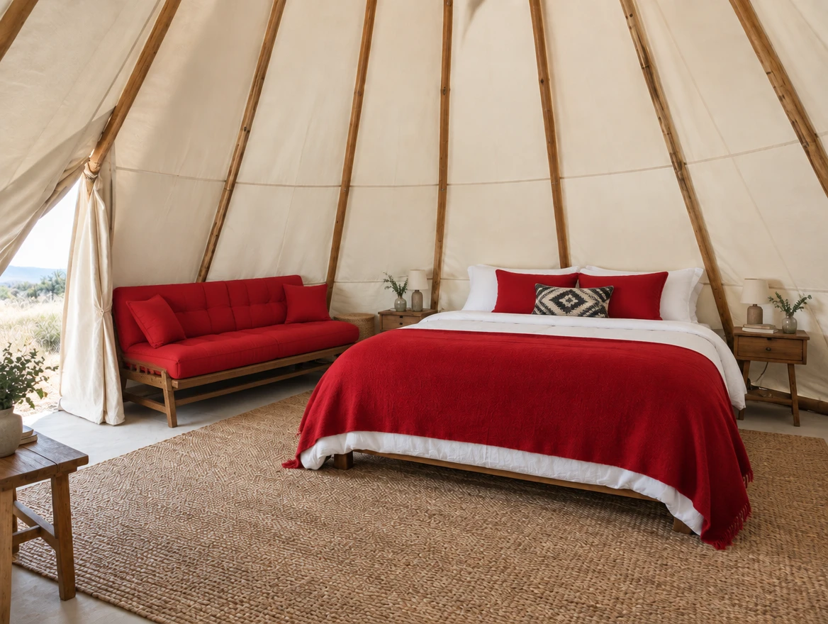 Interior concept with red queen bedding and a full-size convertible futon